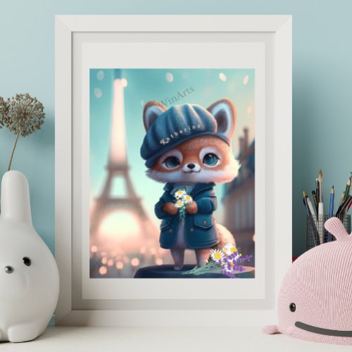 Cute Fox in Blue Paris Eiffel Tower Personalized  Poster