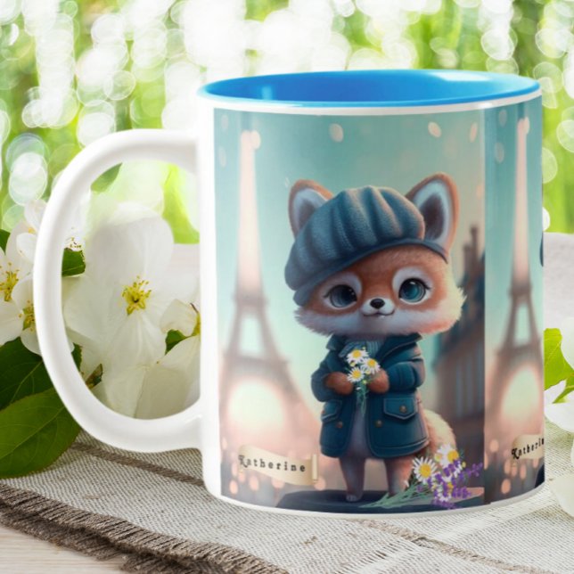 Cute Fox in Blue, Paris Eiffel Tower Personalized  Two-Tone Coffee Mug (Creator Uploaded)