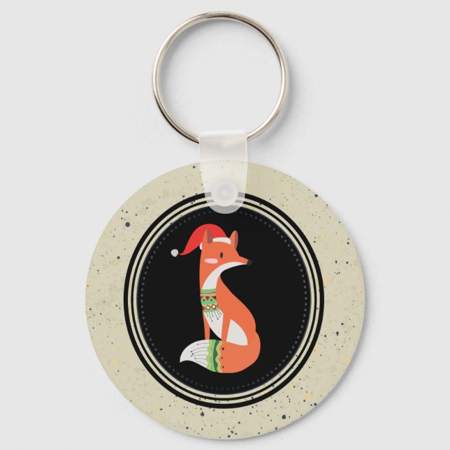 Cute Fox in Christmas Hat inside a Black Circle Keychain (Front)