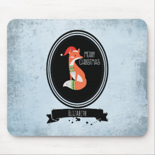 Cute Fox in Christmas Hat inside a Black Oval Mouse Pad