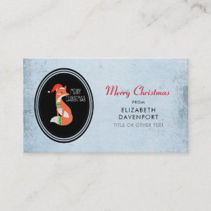 Cute Fox in Christmas Hat on Blue Vintage Backdrop Business Card