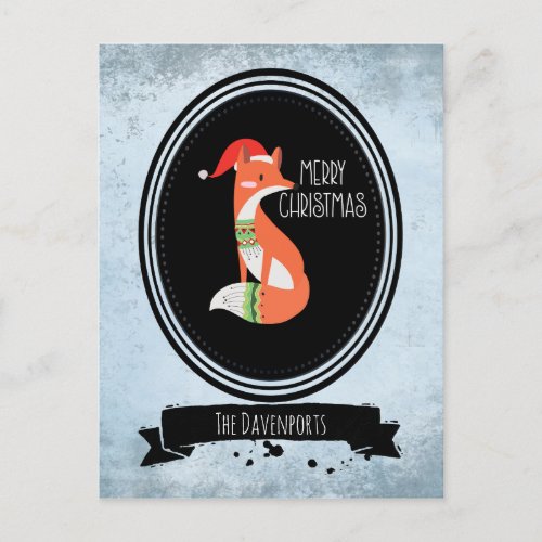 Cute Fox in Christmas Hat on Blue Vintage Backdrop Holiday Postcard