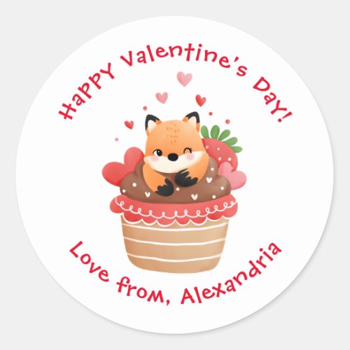 Cute Fox in Cupcake Custom Kids Valentines Day Classic Round Sticker