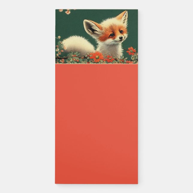 Cute Fox In Flowers Magnetic Notepad (Front)