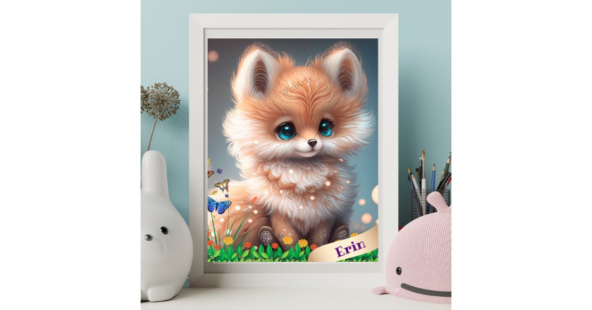 Cute Fox in Garden of Flowers Personalized Art Poster | Zazzle