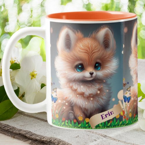 Cute Fox in Garden of Flowers Personalized  Two_Tone Coffee Mug