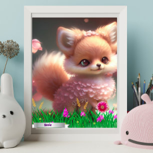Cute Fox in garden of pink flowers Personalized Poster