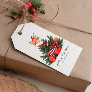 Cute Fox in Red Santa Hat Christmas Personalized Gift Tags