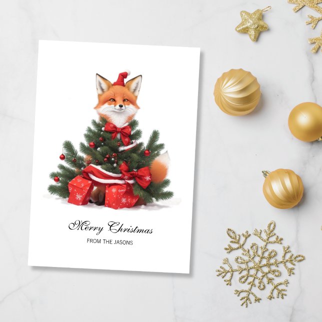 Cute Fox in Red Santa Hat Christmas Personalized Holiday Card (Cute Fox in Red Santa Hat Holiday Card)