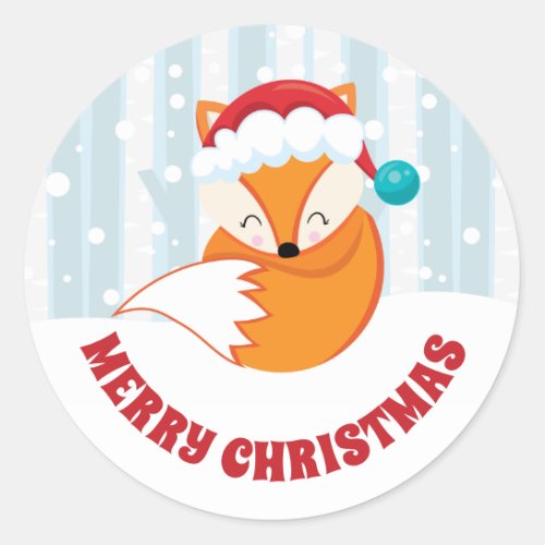 Cute Fox in Santa Hat in Snowy Woodland Christmas Classic Round Sticker