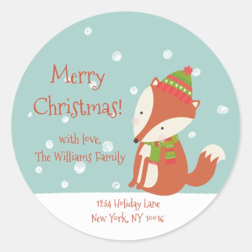 Cute Fox in the Snow Christmas Return Address  Classic Round Sticker