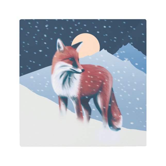 Cute Fox In The Winter Snow Illustration Metal Print (Front)