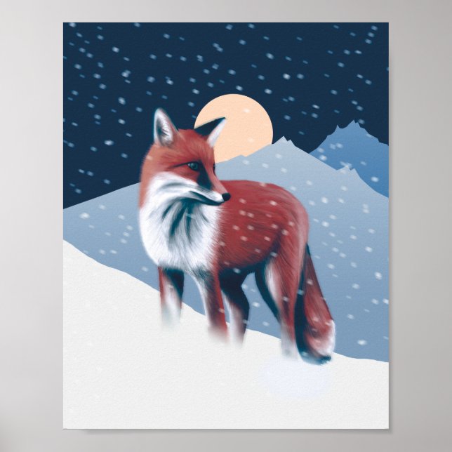 Cute Fox In The Winter Snow Illustration Poster (Front)