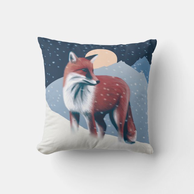 Cute Fox In The Winter Snow Illustration Throw Pillow (Front)