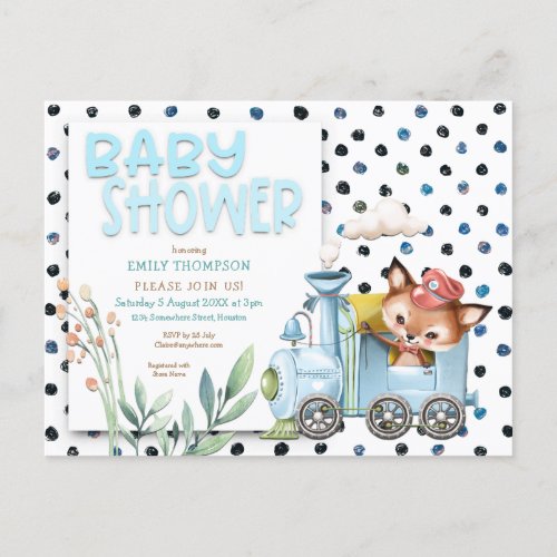 Cute Fox In Train polka dots Blue Baby Shower Invitation Postcard