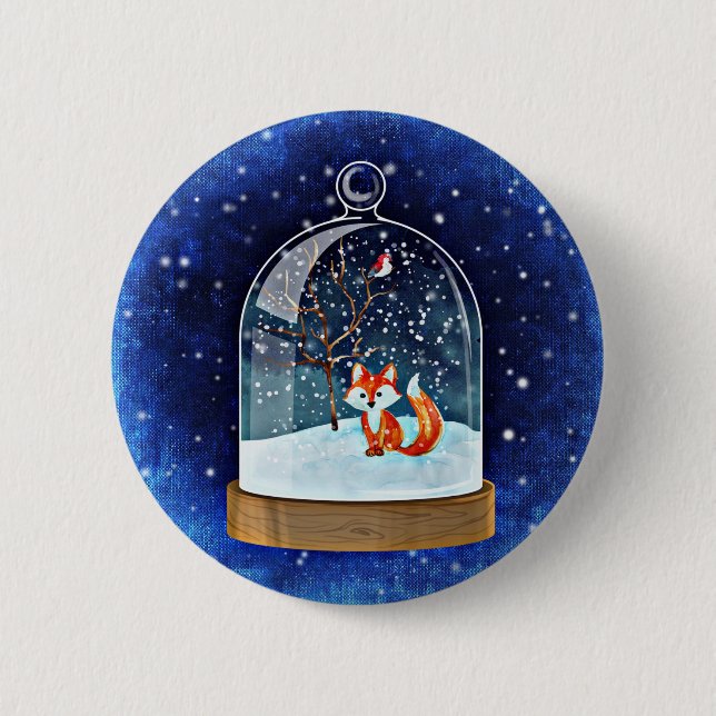 Cute fox inside a snow globe button (Front)