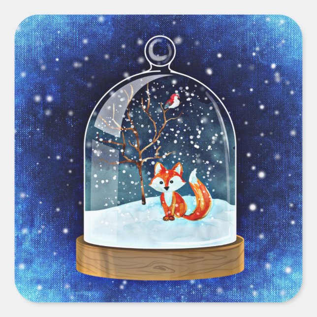Cute fox inside a snow globe square sticker (Front)