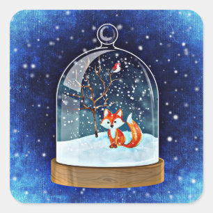 Cute fox inside a snow globe square sticker