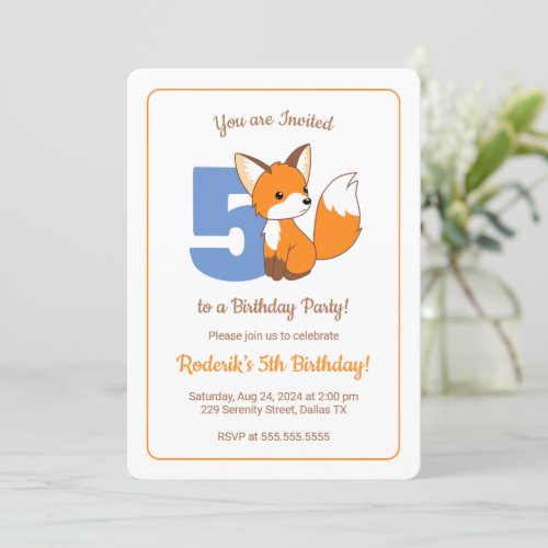 Cute Fox Kids 5th Birthday Invitation