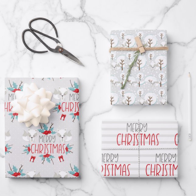 Cute Fox Kids Christmas Wrapping Paper Sheets (Front)