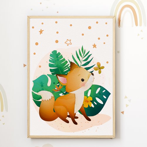 Cute Fox Kids Room Poster Stars Nursery Print