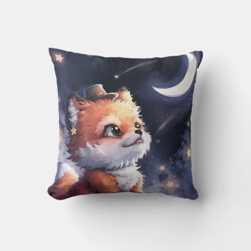 Cute Fox Looking at Crescent Moon at Night Throw Pillow