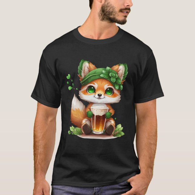 Cute Fox Loves Beer St Patrick s Day T-Shirt (Front)