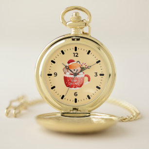 Cute Fox Merry Christmas Pocket Watch