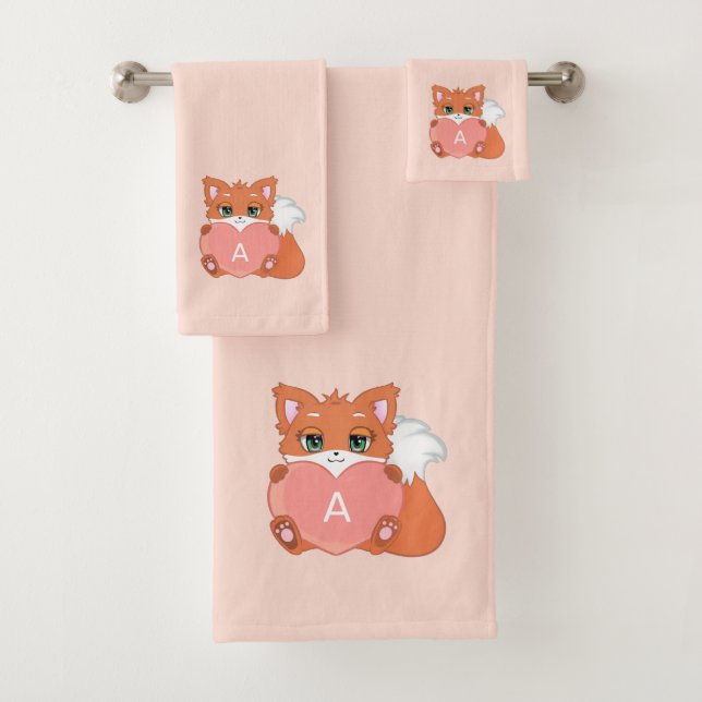 Cute Fox & Monogram on Light Coral Pink Bath Towel Set (Insitu)