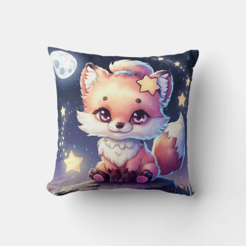 Cute Fox on a Rock under Moon Light Throw Pillow