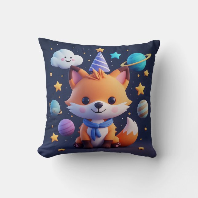 Cute Fox on a Smiling Cloud With Planets and Stars Throw Pillow (Front)