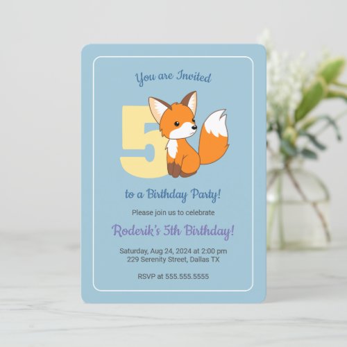 Cute Fox on Blue Boys 5th Birthday Invitation