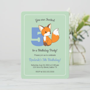 Cute Fox on Green Boys 5th Birthday Invitation