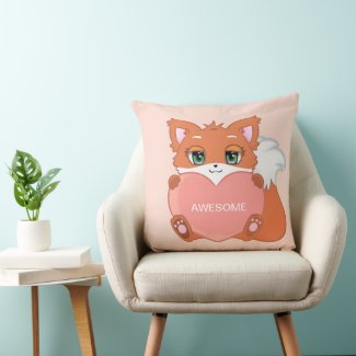Cute Fox on Light Coral Pink Throw Pillow