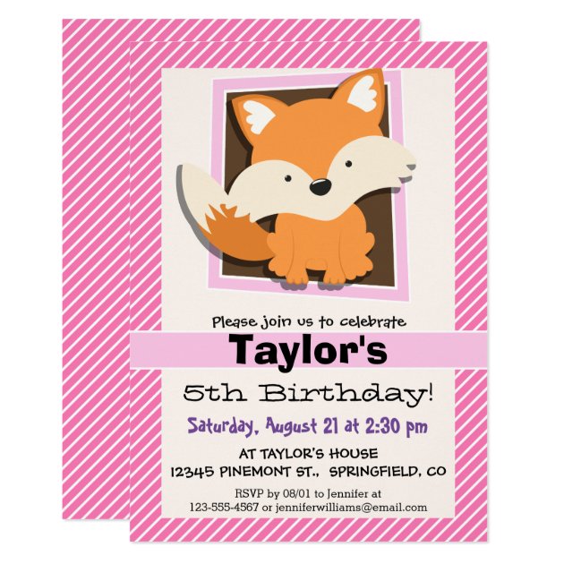 Cute Fox On Pink & White Stripes Invitation