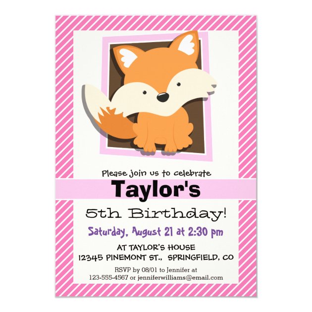 Cute Fox On Pink & White Stripes Invitation