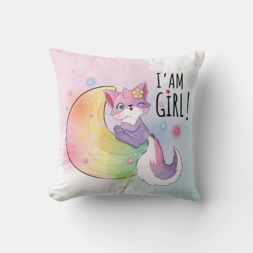 Cute Fox on the Moon Watercolor Throw Pillow