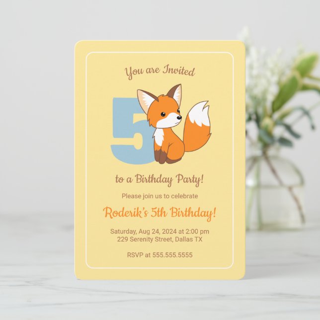 Cute Fox on Yellow Kids 5th Birthday Invitation (Standing Front)