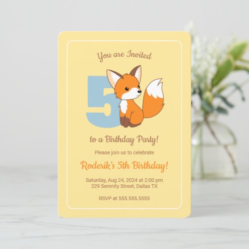 Cute Fox on Yellow Kids 5th Birthday Invitation