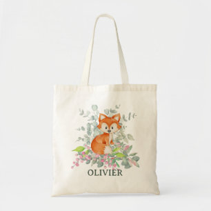 Cute Fox Over Greenery Custom Name Tote Bag