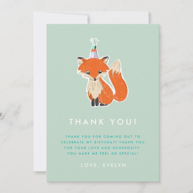 Cute Fox Party Hat Woodland Birthday Thank You Card (Front)