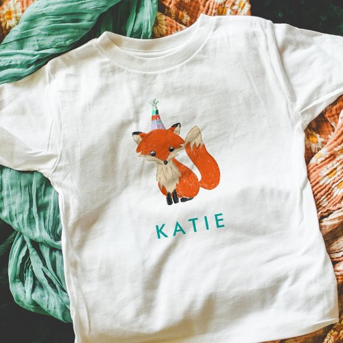 Cute Fox Party Hat Woodland Personalized Name Baby T_Shirt