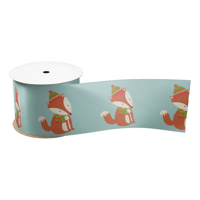 Cute Fox Pattern -  Aqua Green Christmas Satin Ribbon (Spool)