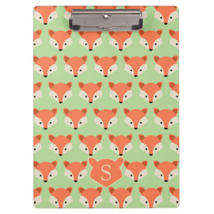 Cute Fox Pattern on Green Monogram Clipboard