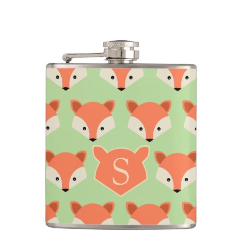 Cute Fox Pattern on Green Monogram Flask