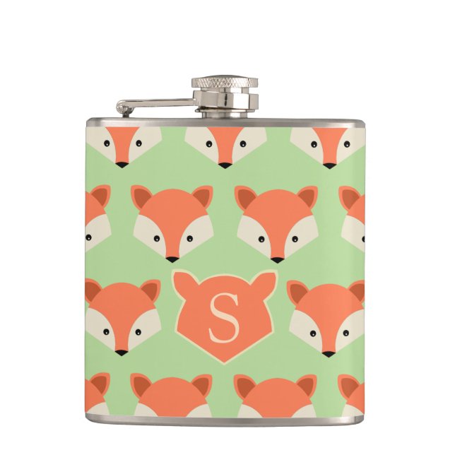 Cute Fox Pattern on Green Monogram Flask (Front)