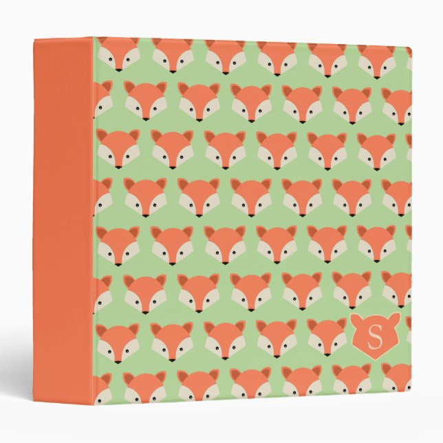 Cute Fox Pattern on Green Monogram in Corner 3 Ring Binder (Front/Spine)
