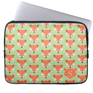 Cute Fox Pattern on Green Monogram Laptop Sleeve