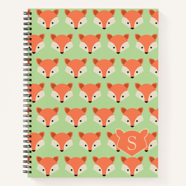 Cute Fox Pattern on Green Monogram Notebook (Front)
