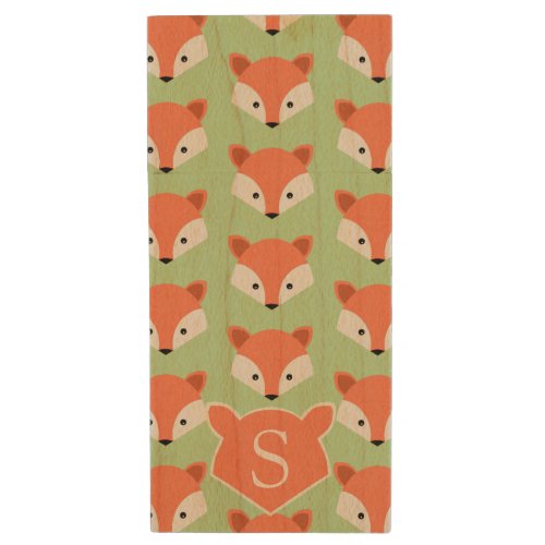 Cute Fox Pattern on Green Monogram Wood Flash Drive